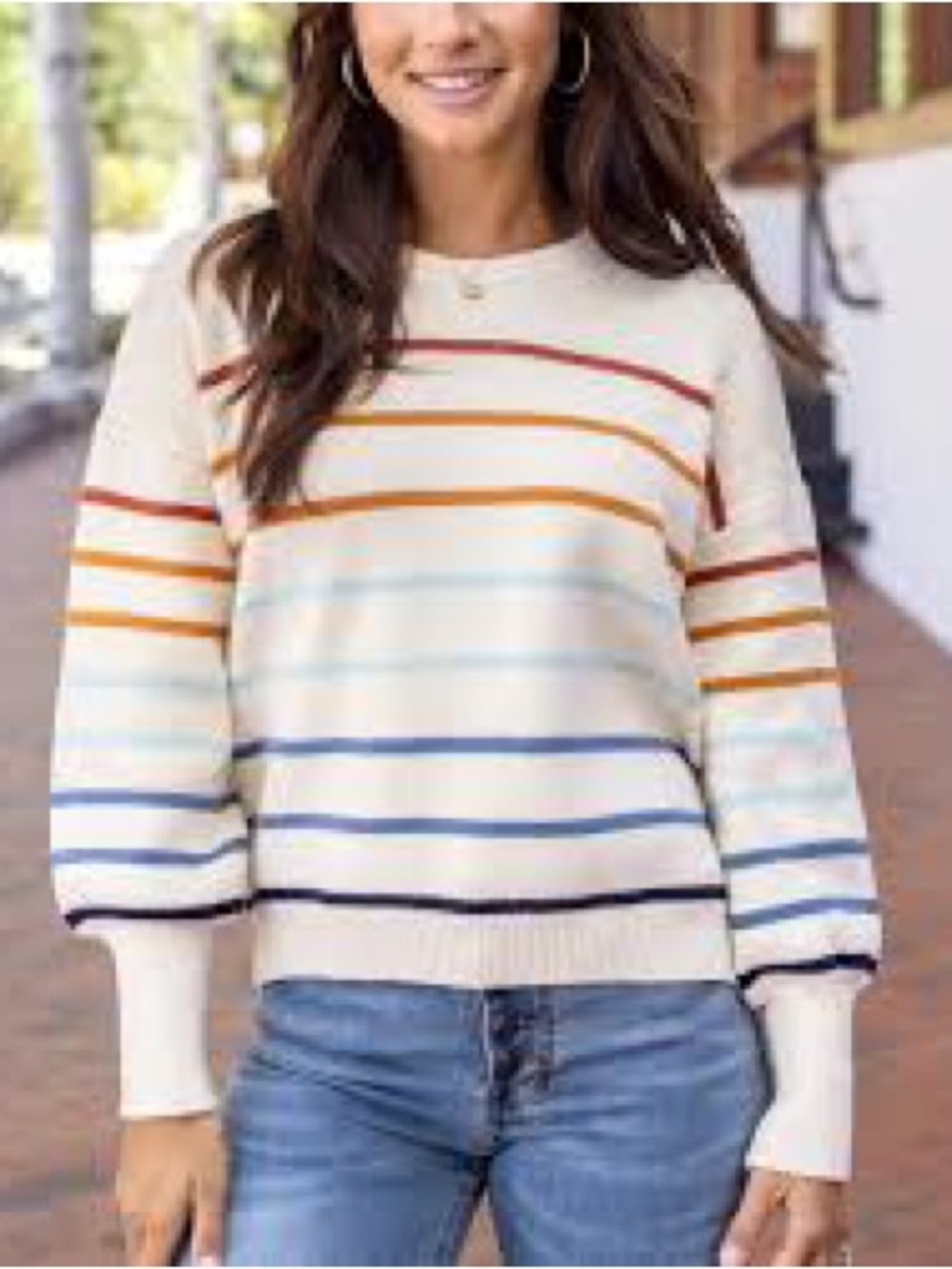 Grace & Lace Cream Crewneck Sweater with Multicolor Stripe Bands